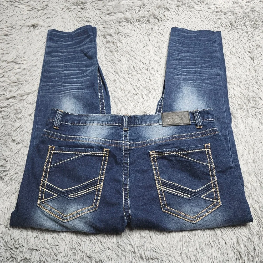 True Luck Mens‎ Jeans 36x29 Hemmed Dark Wash Straight Fit Denim Thick Stitch